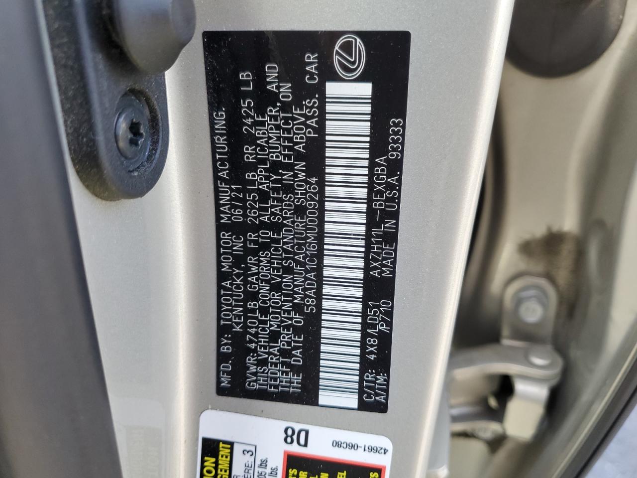 2021 Lexus Es 300H VIN: 58ADA1C16MU009264 Lot: 62232185