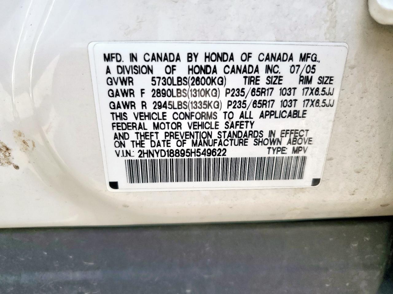 2005 Acura Mdx Touring VIN: 2HNYD18895H549622 Lot: 62836115