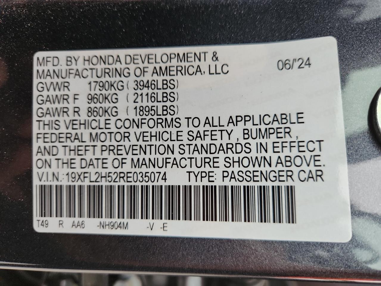 2024 Honda Civic Lx VIN: 19XFL2H52RE035074 Lot: 60955775