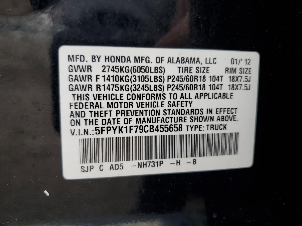 2012 Honda Ridgeline Sport VIN: 5FPYK1F79CB455658 Lot: 61340135