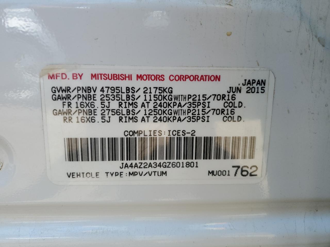 2016 Mitsubishi Outlander Es VIN: JA4AZ2A34GZ601801 Lot: 60532395