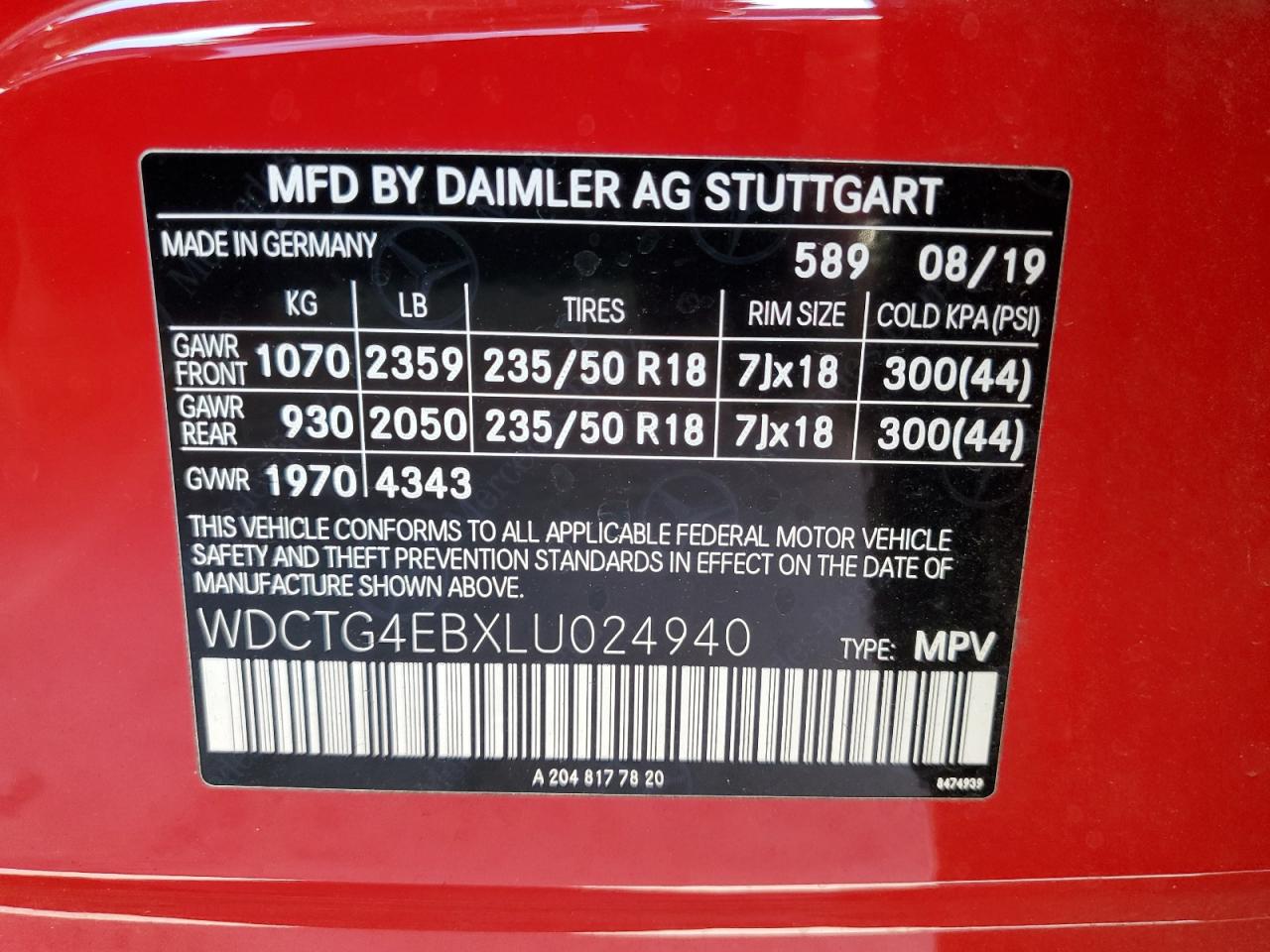 2020 Mercedes-Benz Gla 250 VIN: WDCTG4EBXLU024940 Lot: 62943635