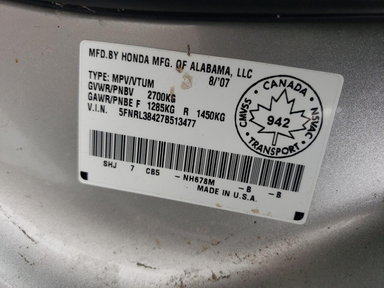 2007 Honda Odyssey Ex VIN: 5FNRL38427B513477 Lot: 62457695