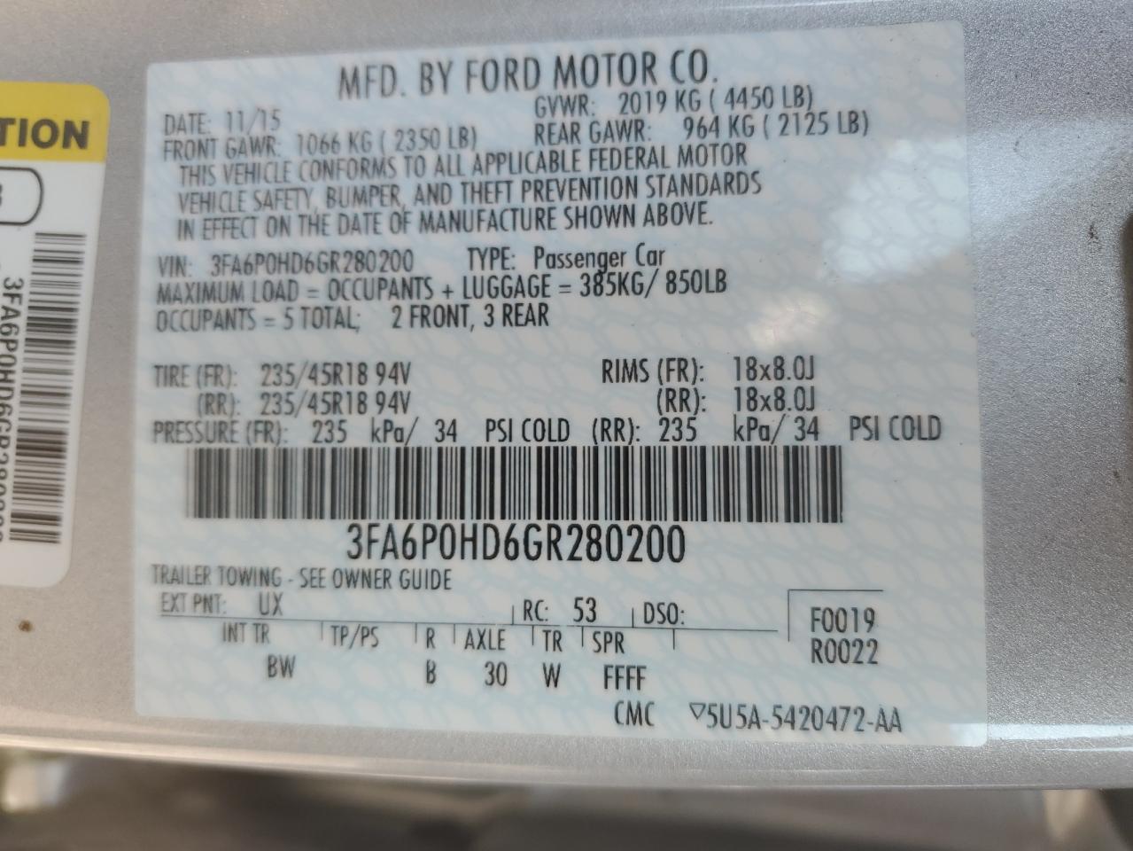 2016 Ford Fusion Se VIN: 3FA6P0HD6GR280200 Lot: 59895865