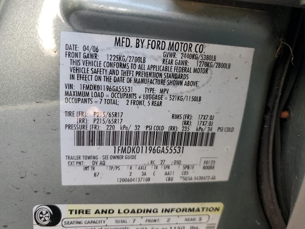 2006 Ford Freestyle Se VIN: 1FMDK01196GA55531 Lot: 60909185