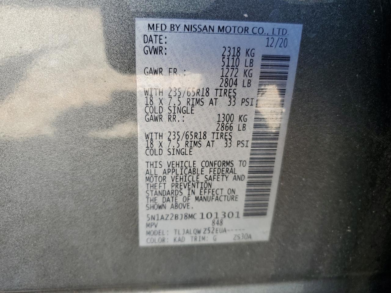 2021 Nissan Murano Sv VIN: 5N1AZ2BJ8MC101301 Lot: 62003175