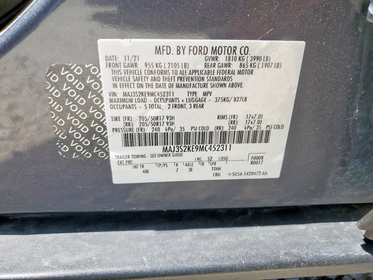 2021 Ford Ecosport Titanium VIN: MAJ3S2KE9MC452311 Lot: 60177105