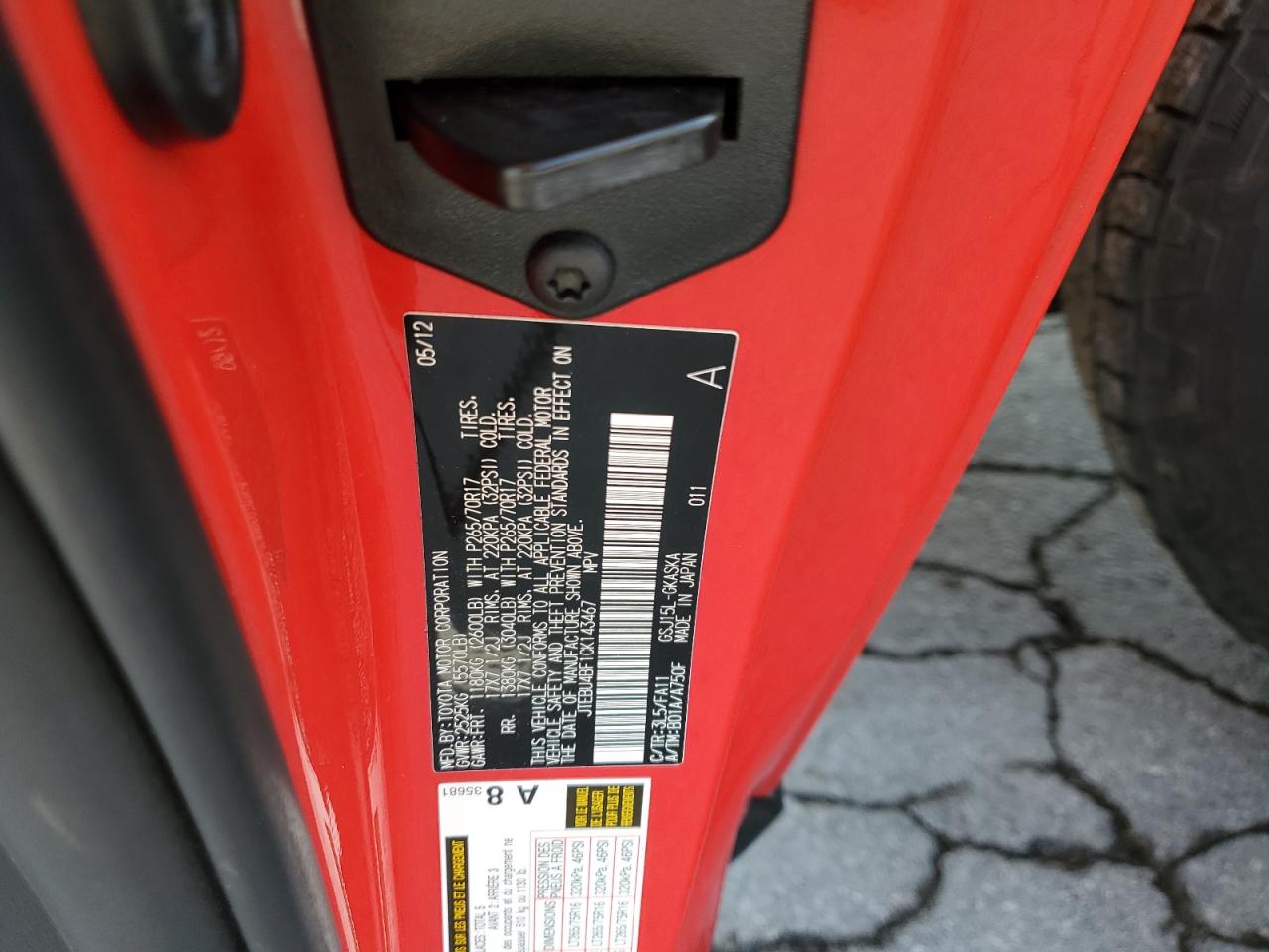 2012 Toyota Fj Cruiser VIN: JTEBU4BF1CK143467 Lot: 62825865