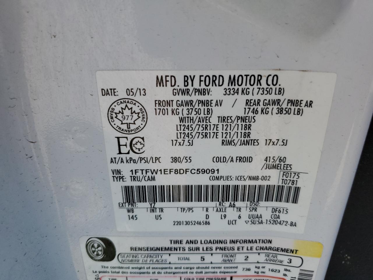 2013 Ford F150 Supercrew VIN: 1FTFW1EF8DFC59091 Lot: 61582485