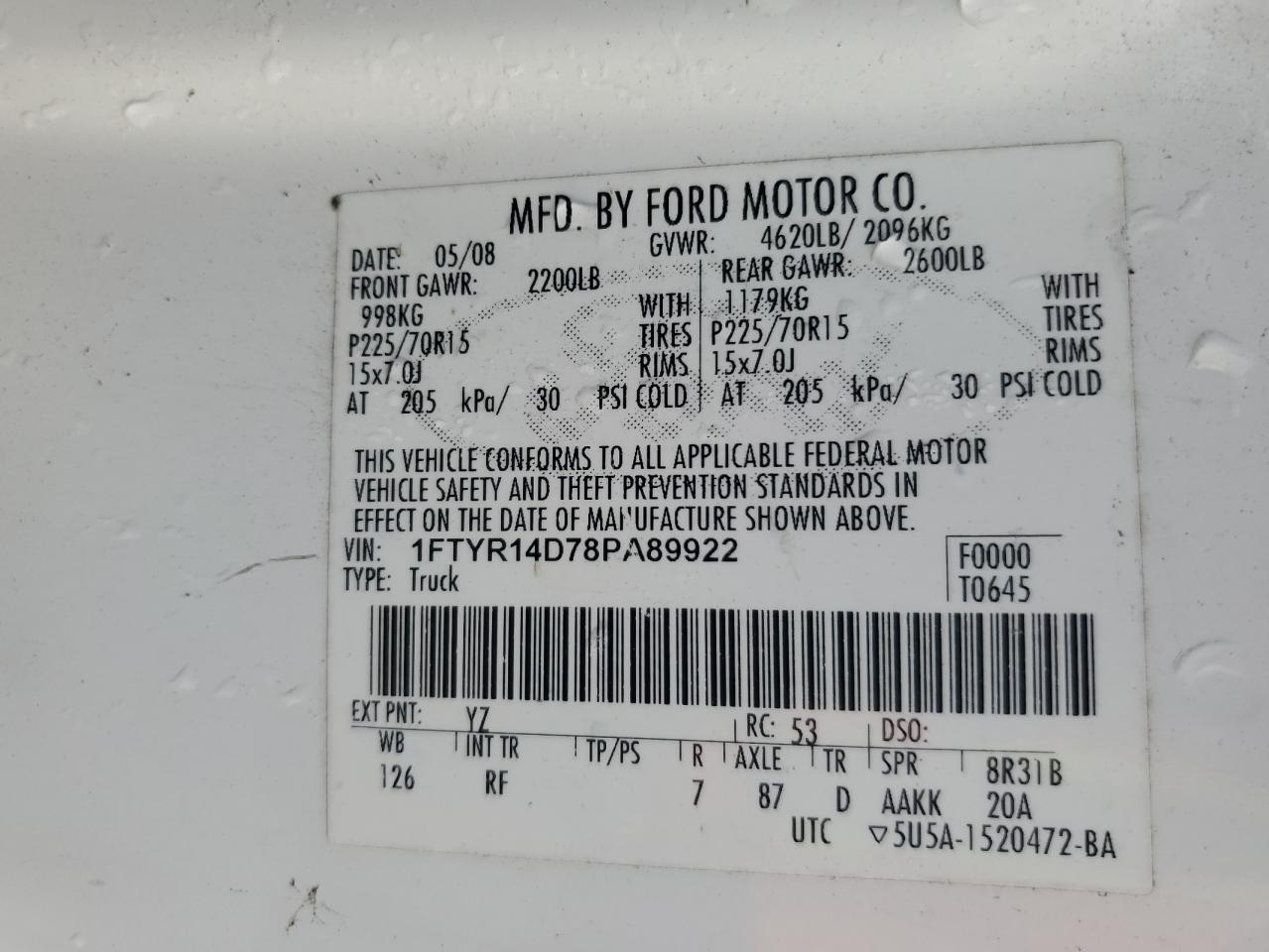 2008 Ford Ranger Super Cab VIN: 1FTYR14D78PA89922 Lot: 60021825