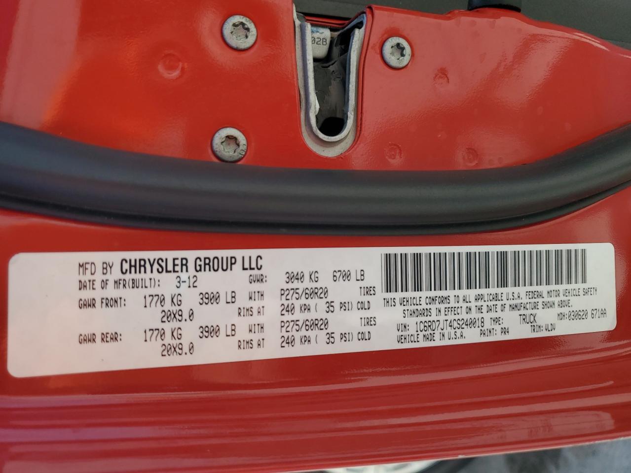 2012 Dodge Ram 1500 Laramie VIN: 1C6RD7JT4CS240018 Lot: 62178905