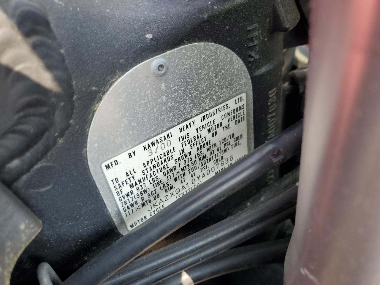 2000 Kawasaki Zx1200 A1 VIN: JKAZX9A10YA007836 Lot: 58478525
