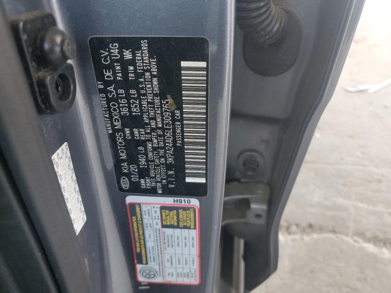 2020 Kia Rio Lx VIN: 3KPA24AD6LE309765 Lot: 62186155