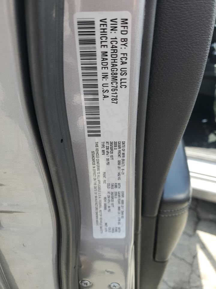 2021 Dodge Durango Sxt VIN: 1C4RDHAG8MC761787 Lot: 62086725