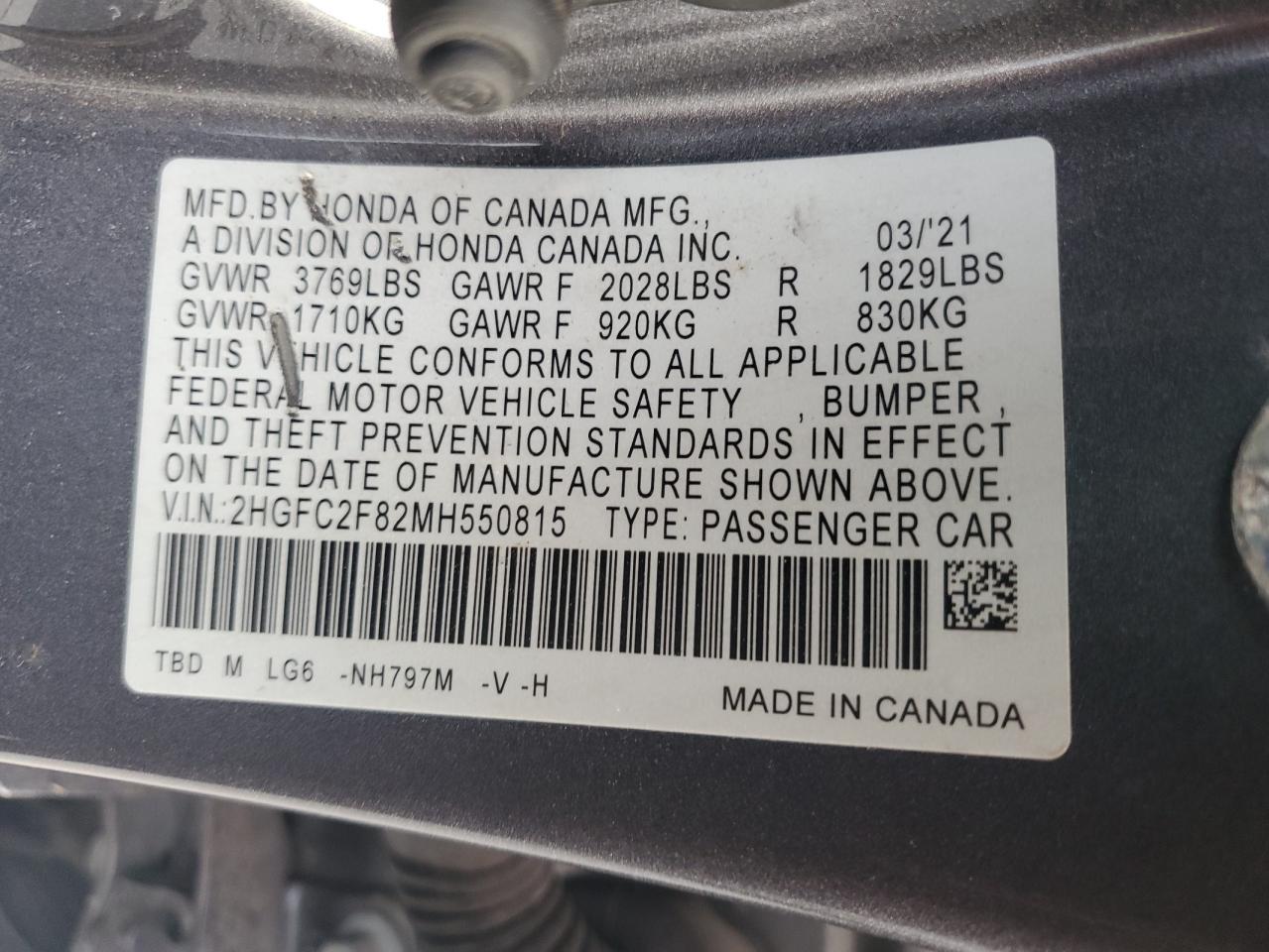 2021 Honda Civic Sport VIN: 2HGFC2F82MH550815 Lot: 62182395