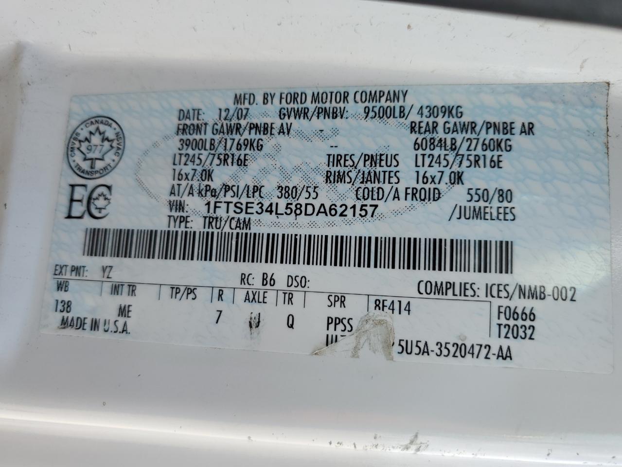 2008 Ford Econoline E350 Super Duty Van VIN: 1FTSE34L58DA62157 Lot: 61988315