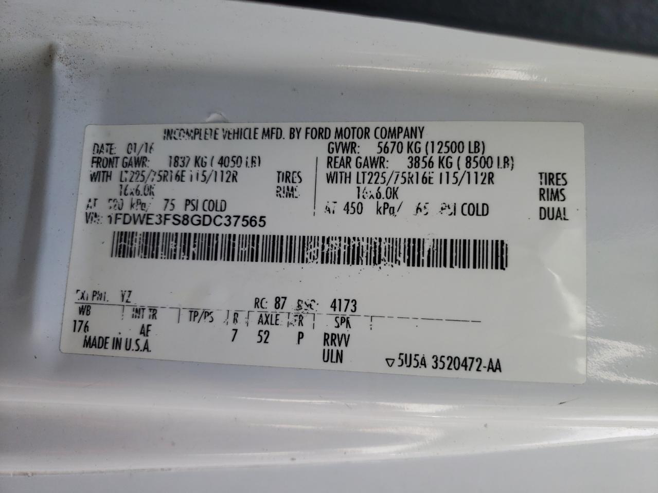 2016 Ford Econoline E350 Super Duty Cutaway Van VIN: 1FDWE3FS8GDC37565 Lot: 56298255