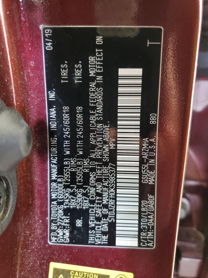 2019 Toyota Highlander Se VIN: 5TDJZRFH0KS985377 Lot: 60721915