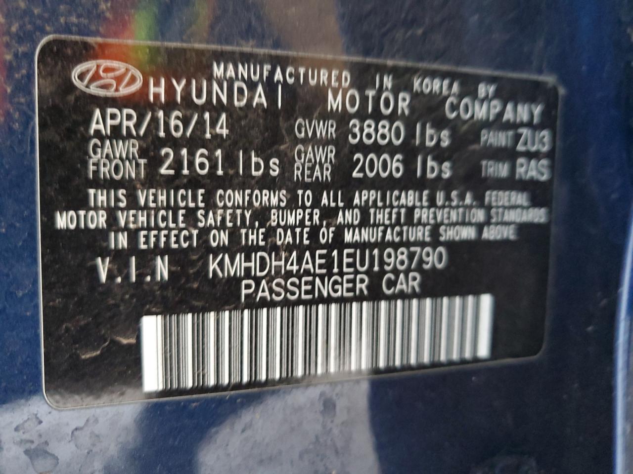 HYUNDAI ELANTRA 2014 VIN KMHDH4AE1EU198790 фото 12
