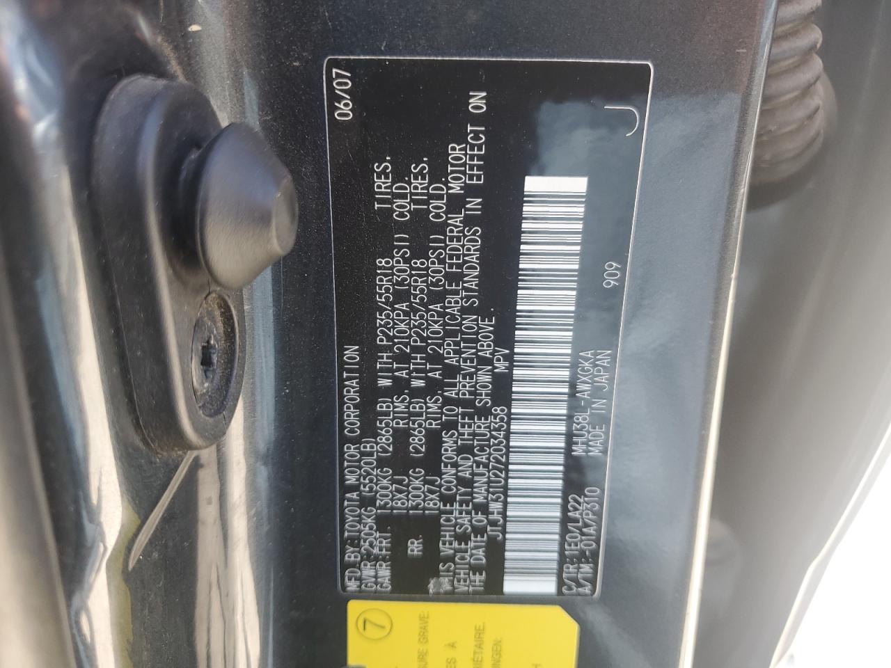 2007 Lexus Rx 400H VIN: JTJHW31U272034358 Lot: 62188345