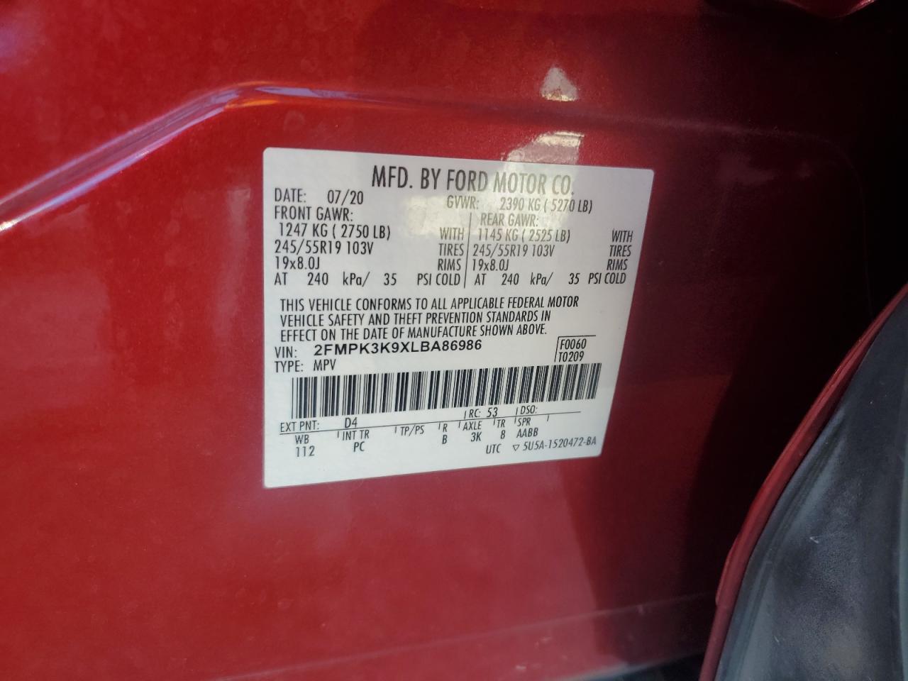 2020 Ford Edge Titanium VIN: 2FMPK3K9XLBA86986 Lot: 62308545