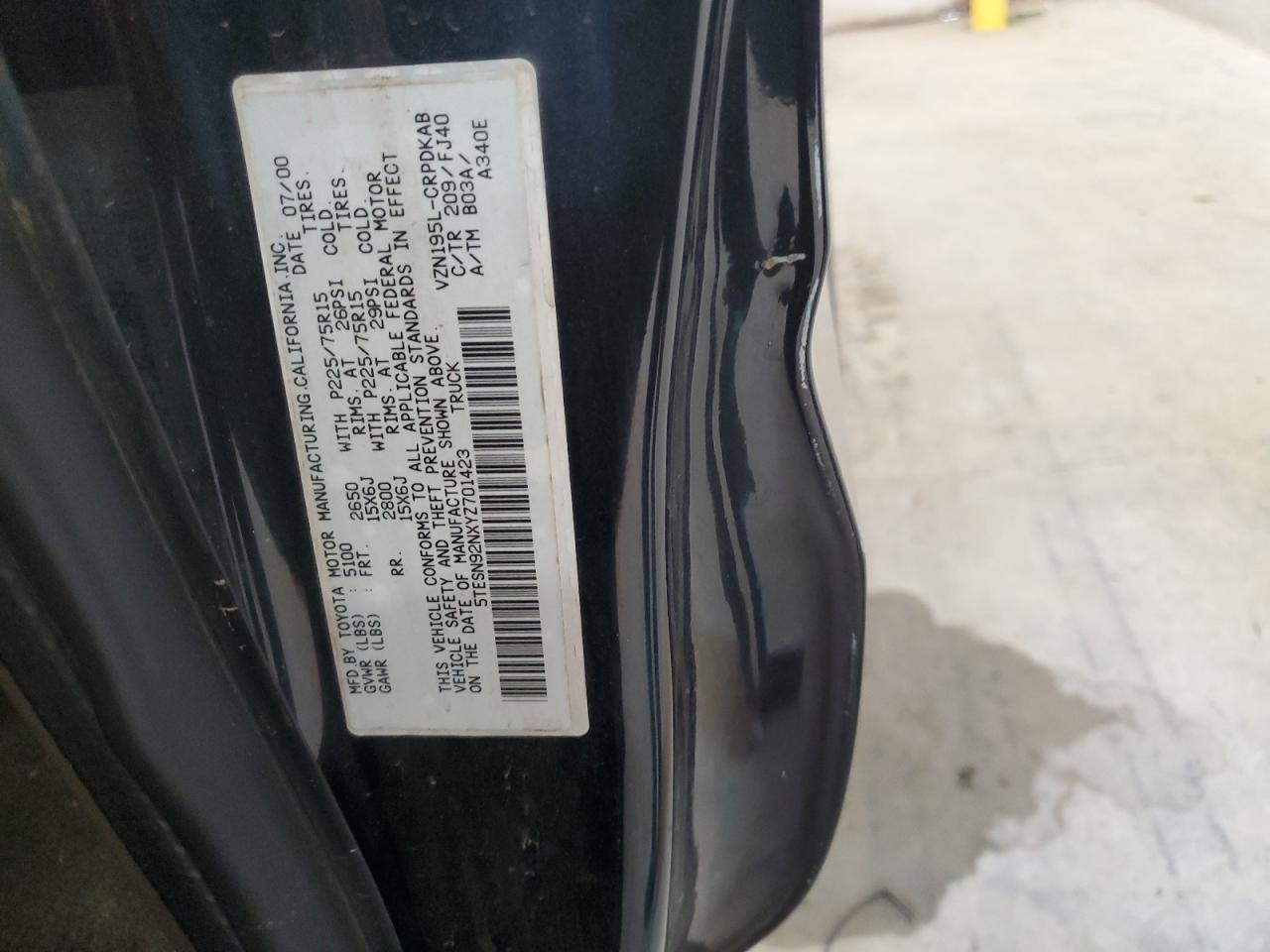 2000 Toyota Tacoma Xtracab Prerunner VIN: 5TESN92NXYZ701423 Lot: 60567115