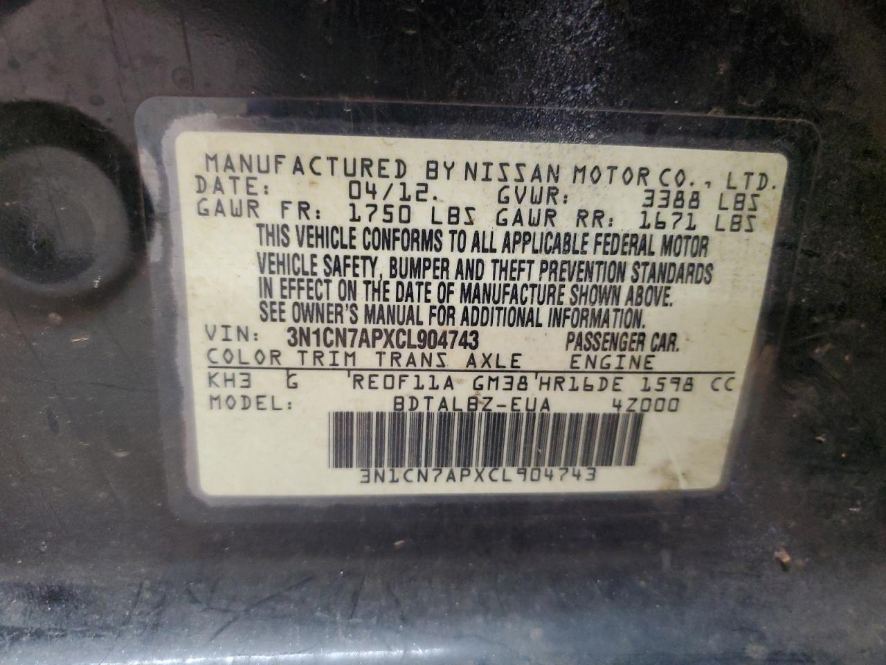2012 Nissan Versa S VIN: 3N1CN7APXCL904743 Lot: 62494485