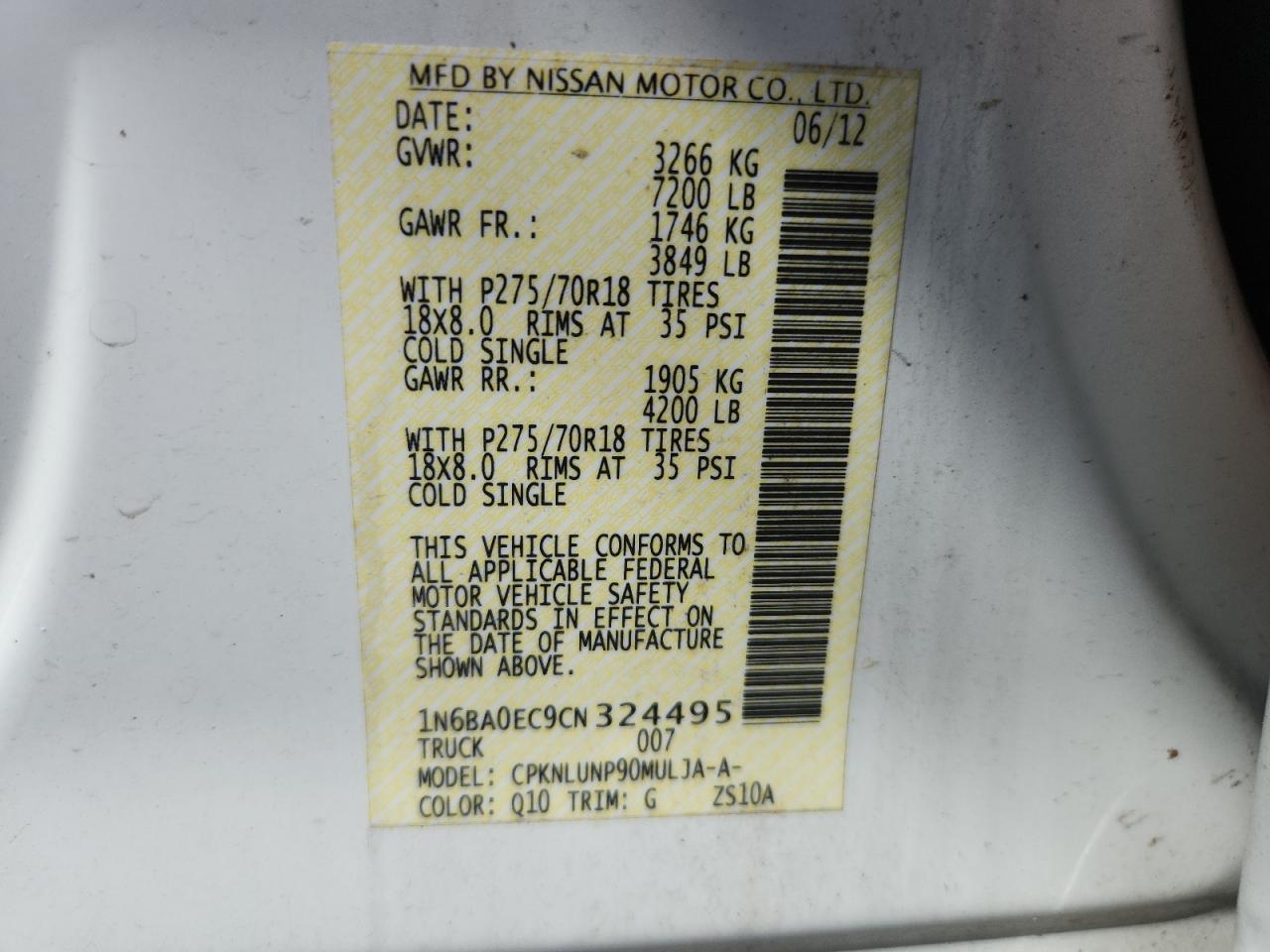 2012 Nissan Titan S VIN: 1N6BA0EC9CN324495 Lot: 60982445