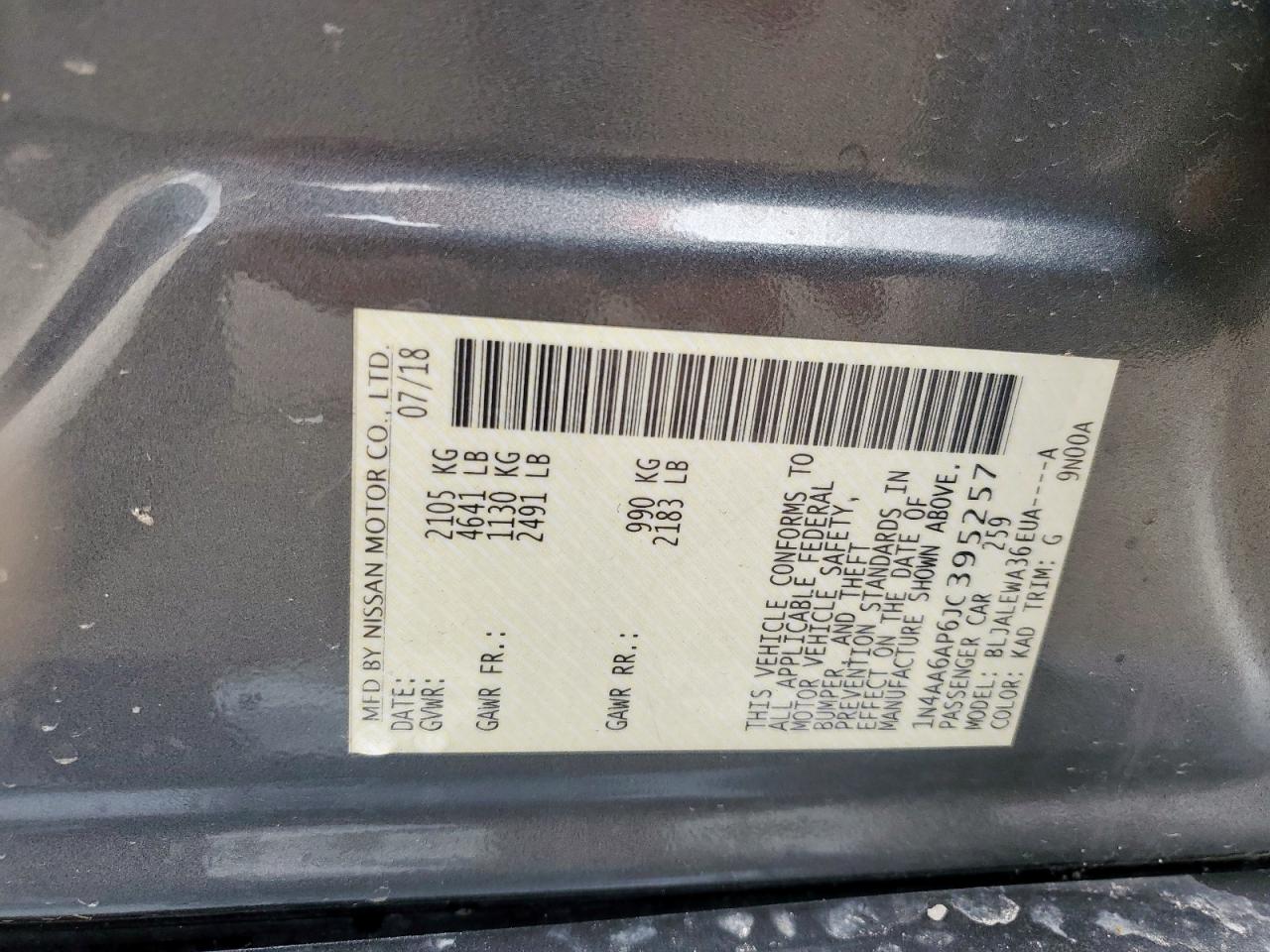 2018 Nissan Maxima 3.5S VIN: 1N4AA6AP6JC395257 Lot: 60728465
