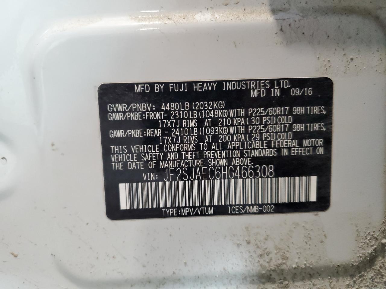 2017 Subaru Forester 2.5I Premium VIN: JF2SJAEC6HG466308 Lot: 61693715