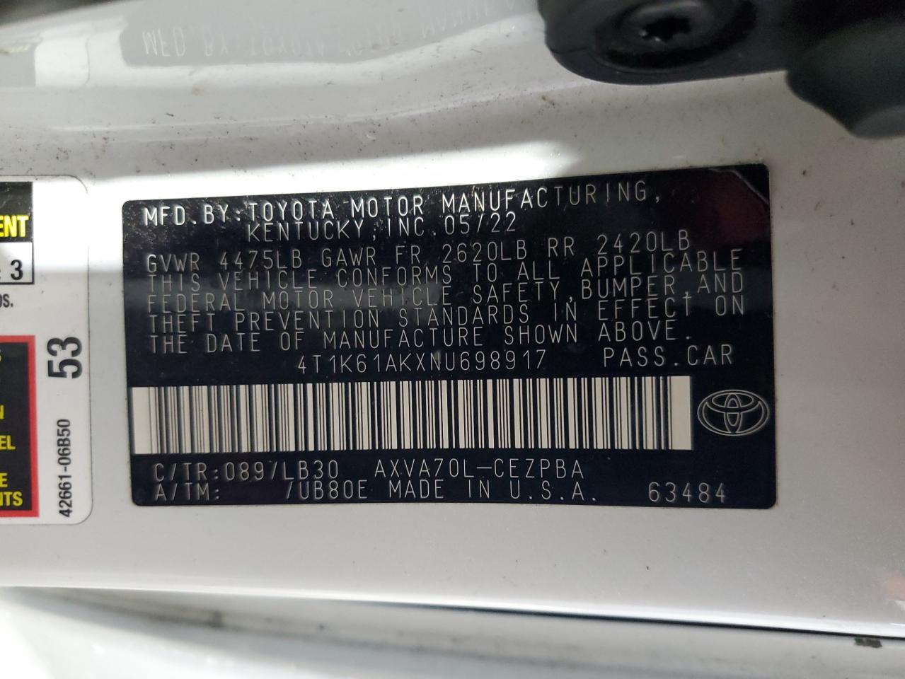 2022 Toyota Camry Xse VIN: 4T1K61AKXNU698917 Lot: 57209865