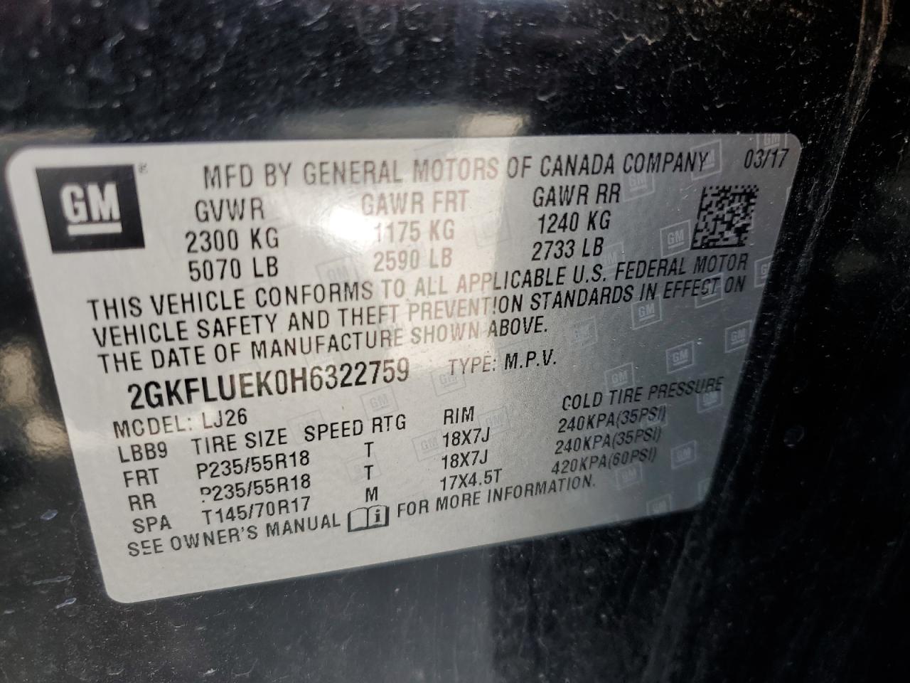 2017 GMC Terrain Slt VIN: 2GKFLUEK0H6322759 Lot: 62303205