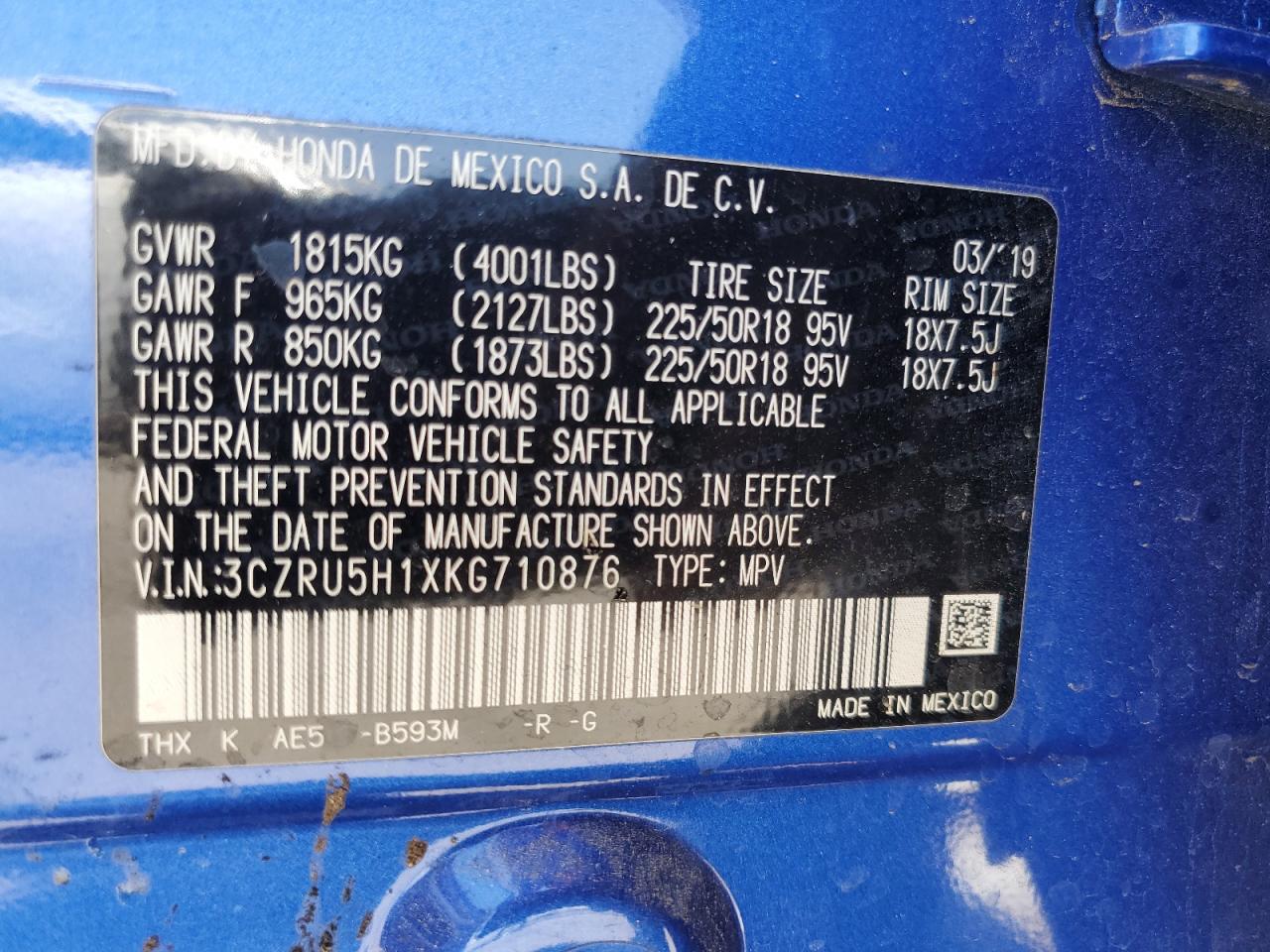 2019 Honda Hr-V Sport VIN: 3CZRU5H1XKG710876 Lot: 62787595