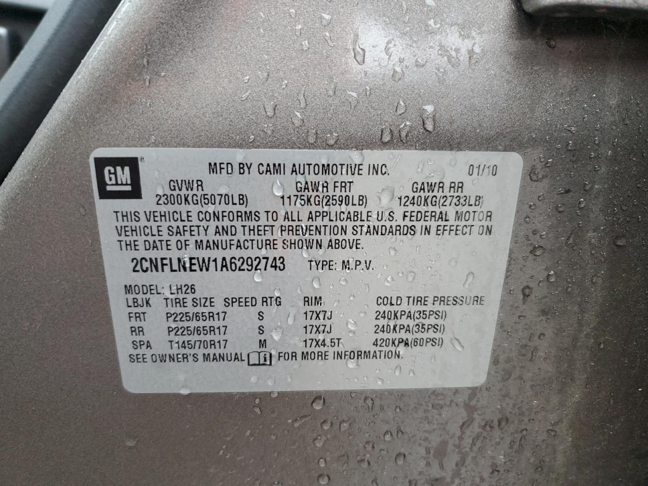 2010 Chevrolet Equinox Lt VIN: 2CNFLNEW1A6292743 Lot: 62840025