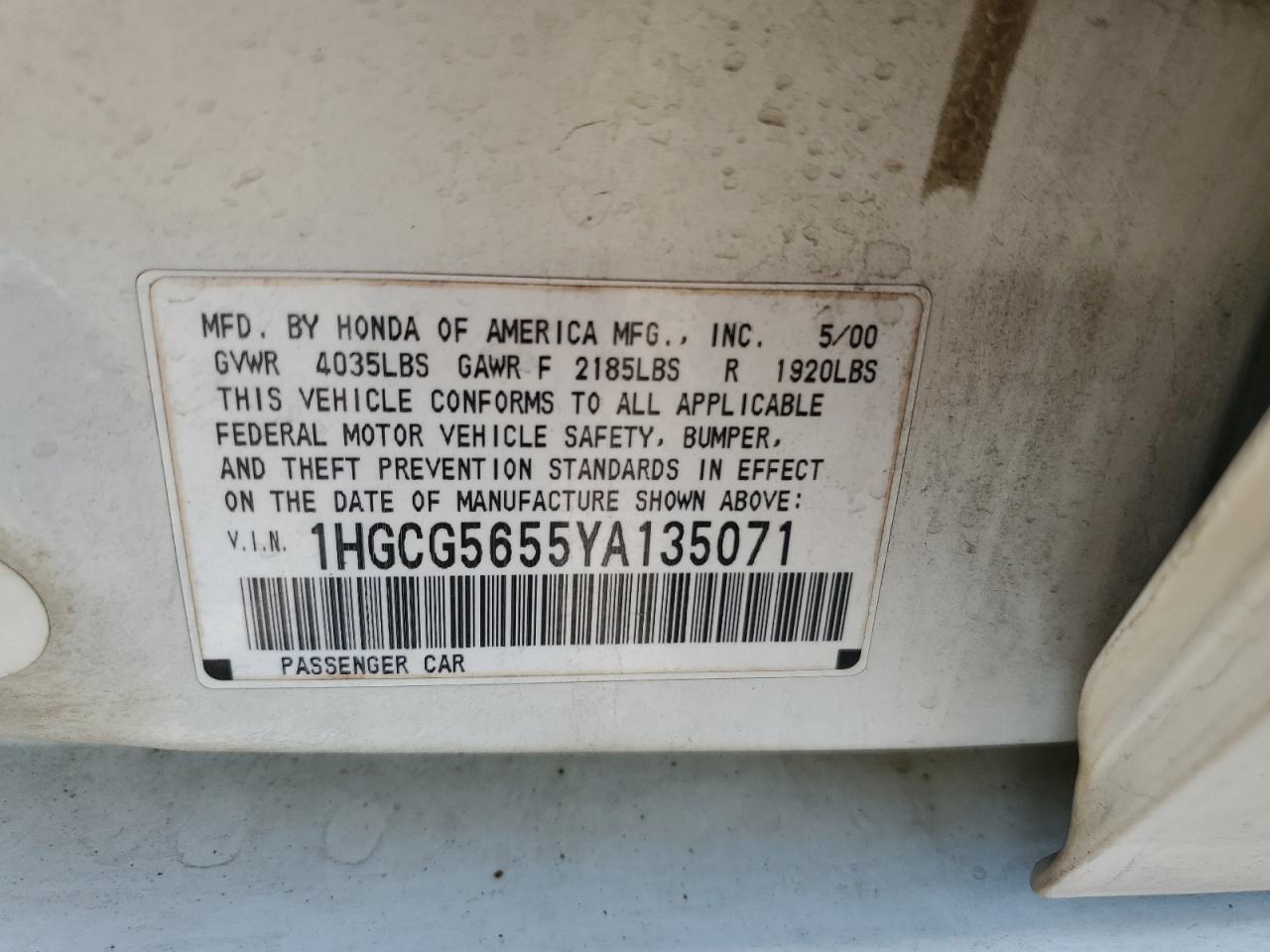 2000 Honda Accord Ex VIN: 1HGCG5655YA135071 Lot: 59407335