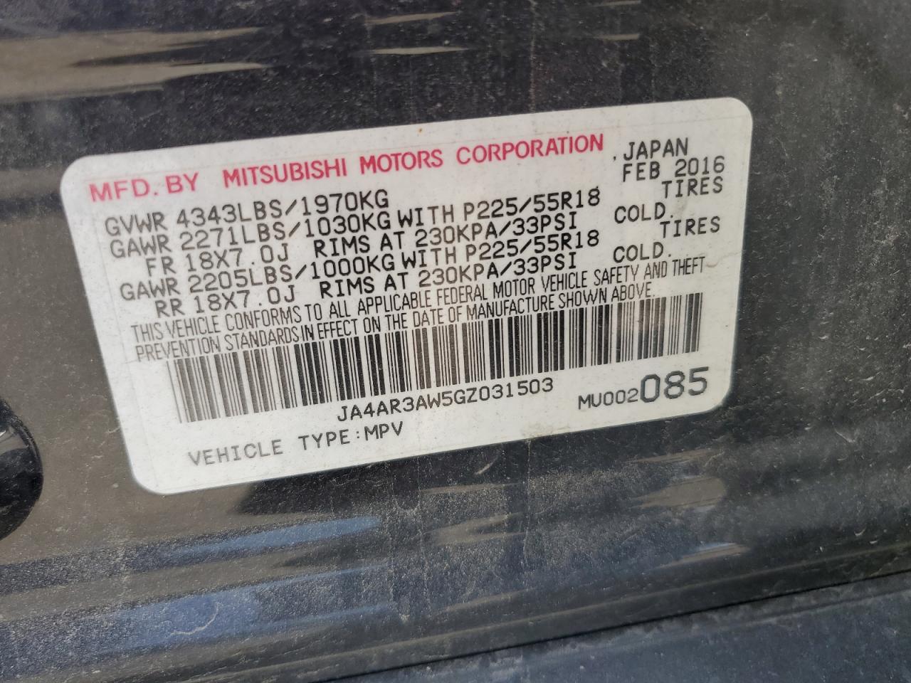 2016 Mitsubishi Outlander Sport Es VIN: JA4AR3AW5GZ031503 Lot: 61750925