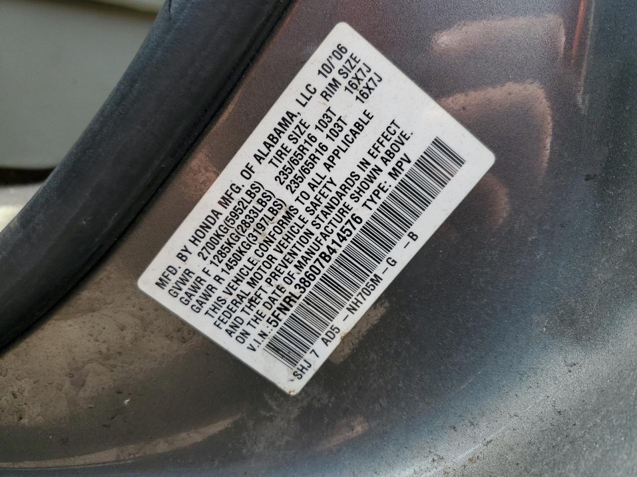2007 Honda Odyssey Exl VIN: 5FNRL38607B414576 Lot: 62373985