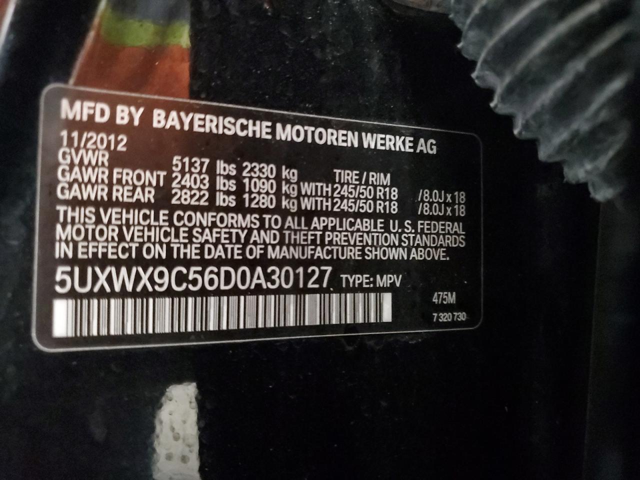 2013 BMW X3 xDrive28I VIN: 5UXWX9C56D0A30127 Lot: 62696615