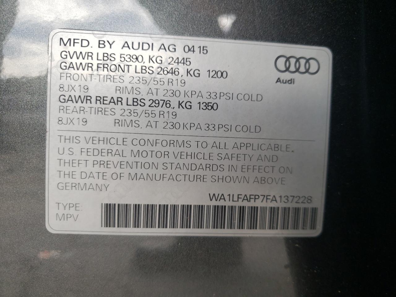 2015 Audi Q5 Premium Plus VIN: WA1LFAFP7FA137228 Lot: 62159195