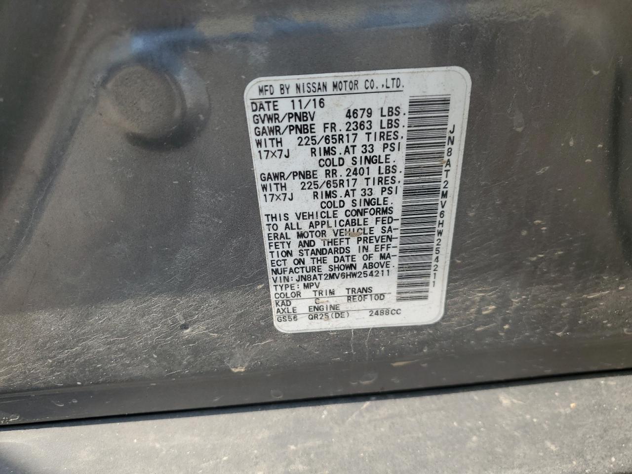 2017 Nissan Rogue S VIN: JN8AT2MV6HW254211 Lot: 60505315
