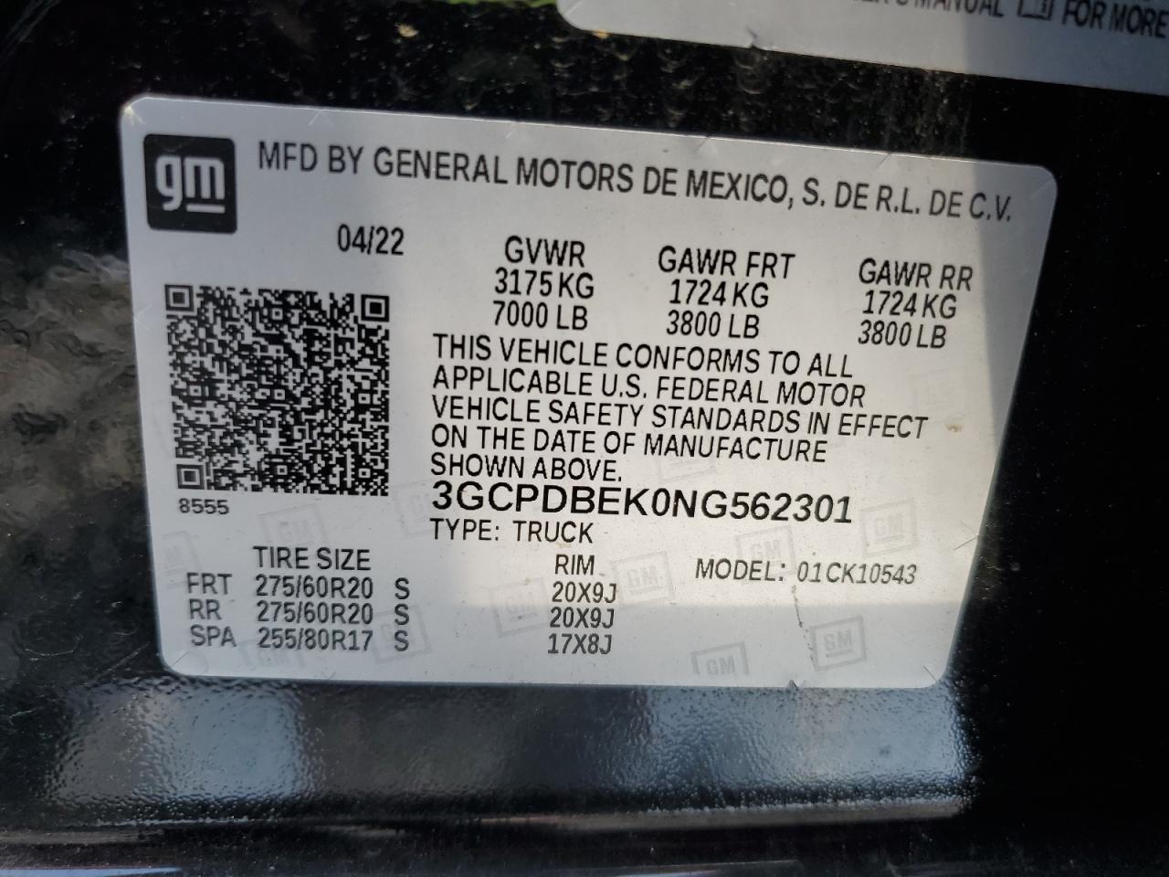 2022 Chevrolet Silverado K1500 Custom VIN: 3GCPDBEK0NG562301 Lot: 64091185