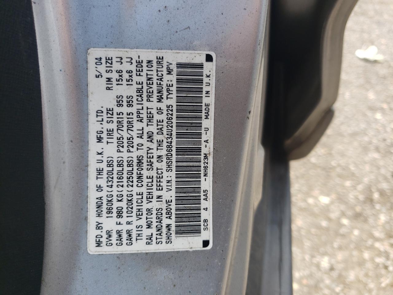 2004 Honda Cr-V Lx VIN: SHSRD68434U206225 Lot: 62382685