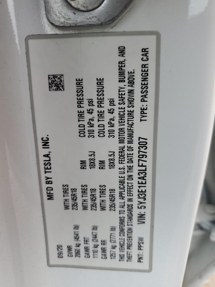 2020 Tesla Model 3 VIN: 5YJ3E1EA3LF797307 Lot: 62947635