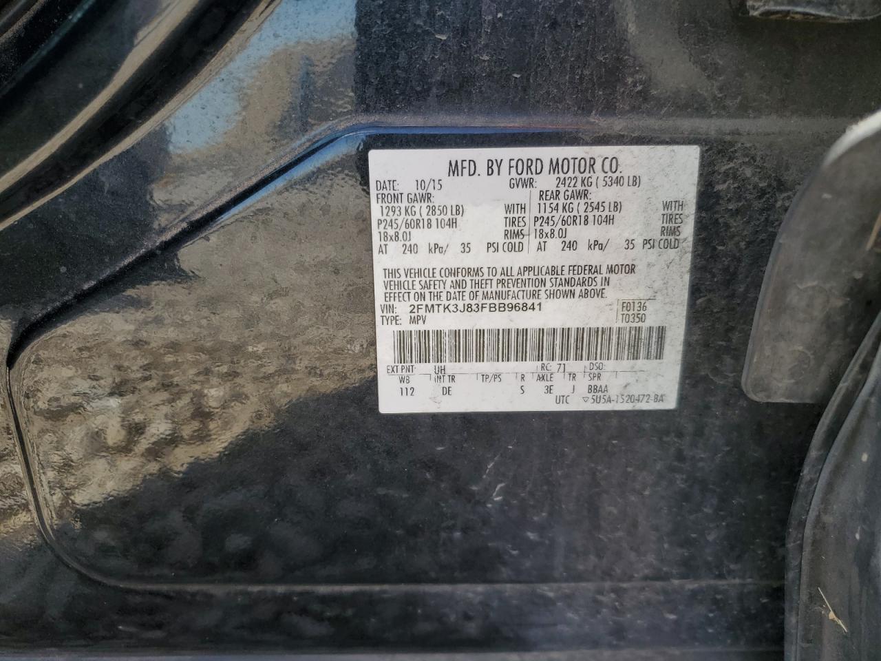 2015 Ford Edge Sel VIN: 2FMTK3J83FBB96841 Lot: 62941105