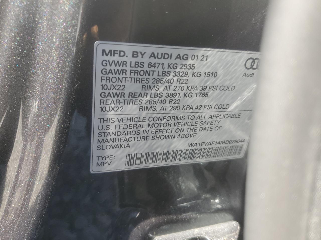 2021 Audi Q8 Prestige S-Line VIN: WA1FVAF14MD026644 Lot: 61191765