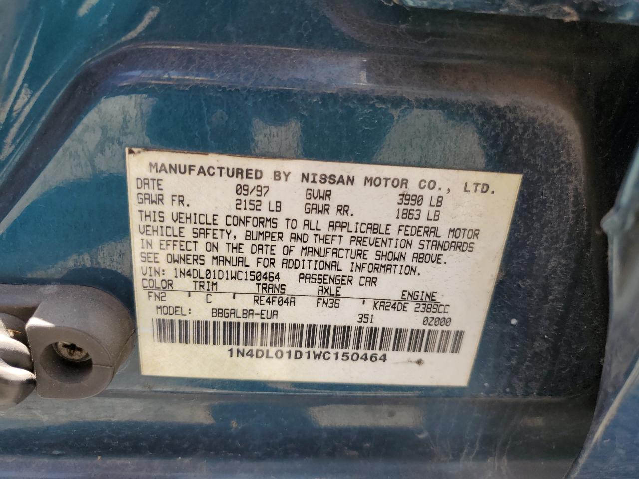1998 Nissan Altima Xe VIN: 1N4DL01D1WC150464 Lot: 60913075