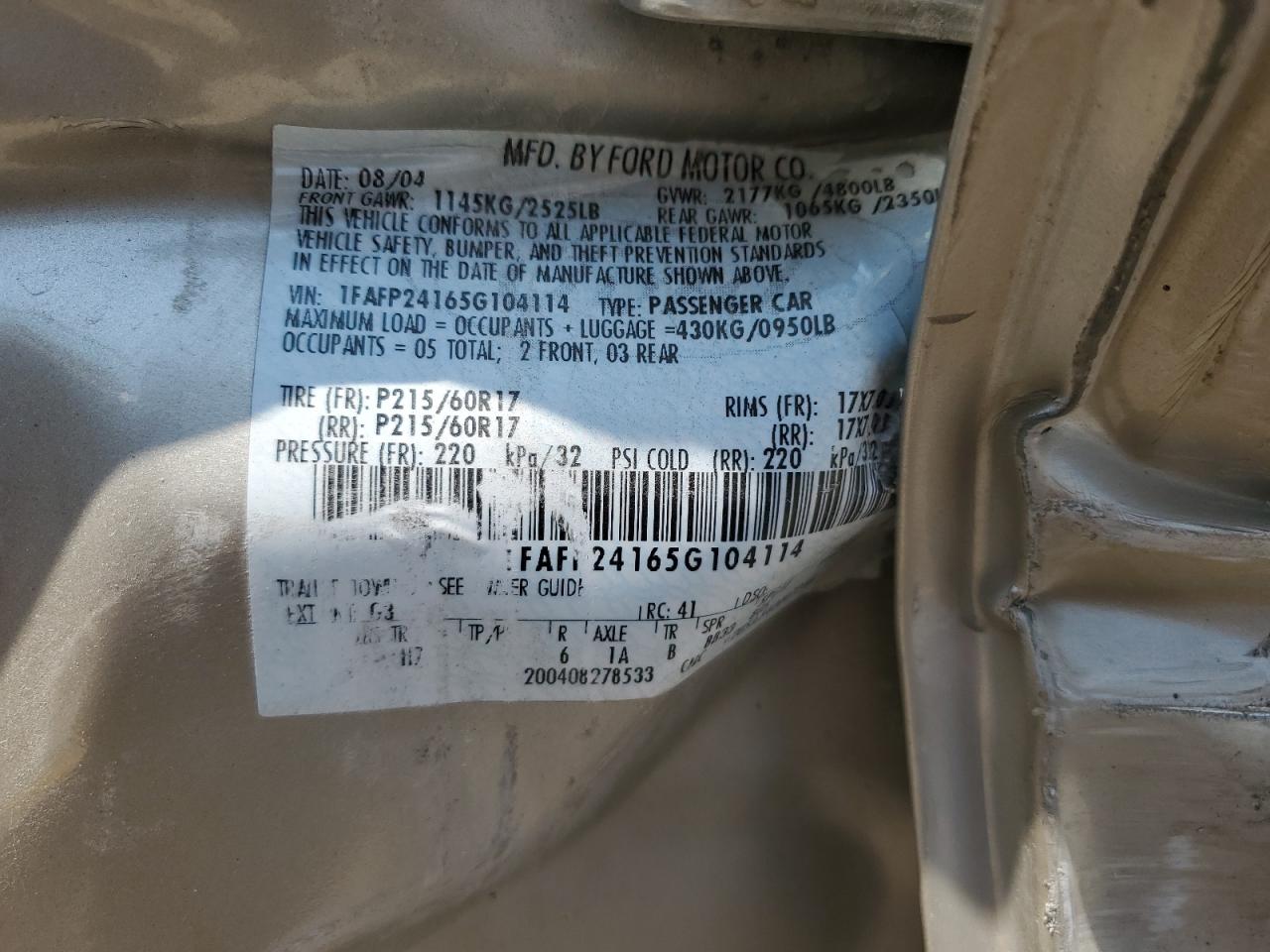 2005 Ford Five Hundred Sel VIN: 1FAFP24165G104114 Lot: 60530235