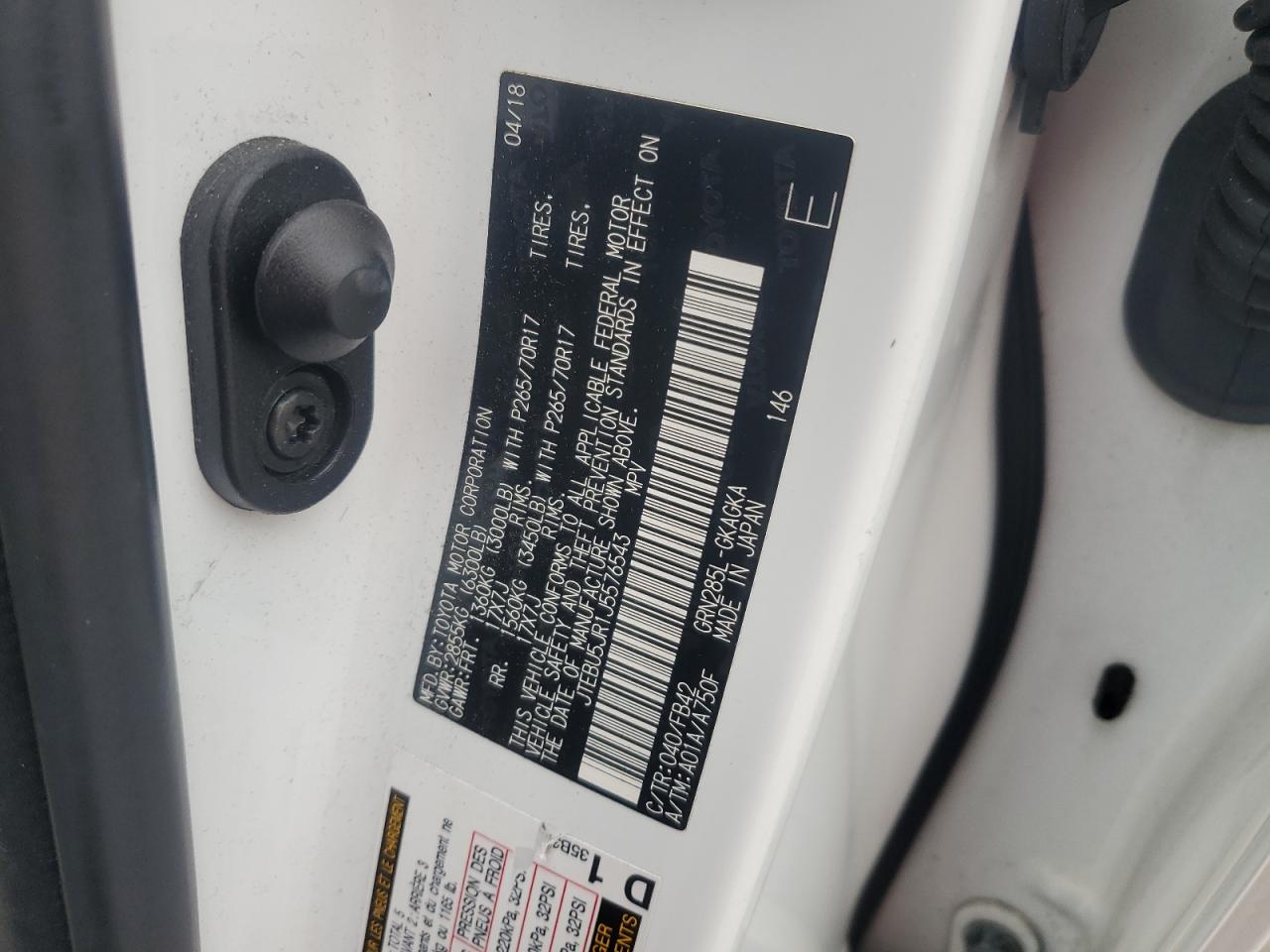 2018 Toyota 4Runner Sr5/Sr5 Premium VIN: JTEBU5JR1J5576543 Lot: 61233805