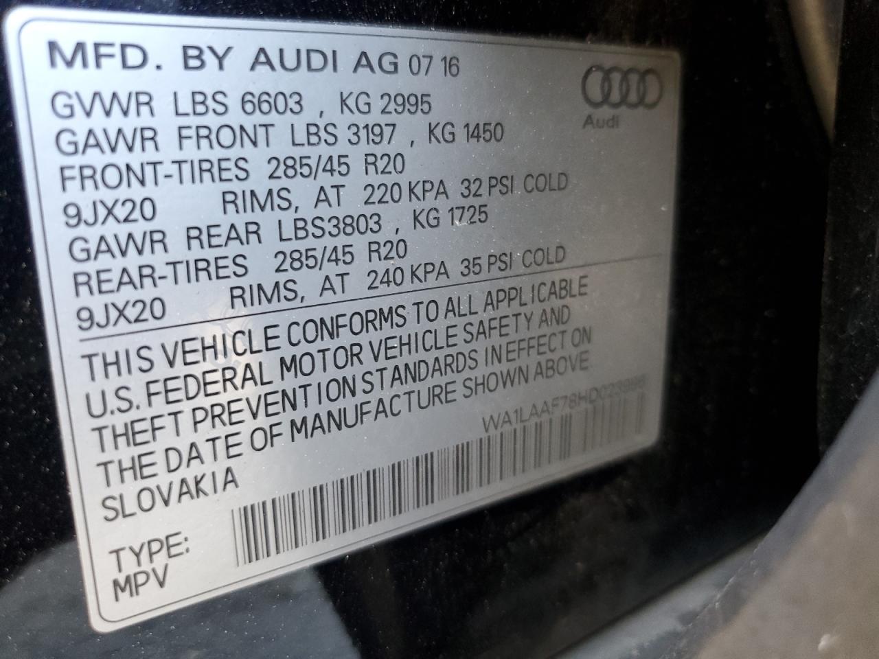 2017 Audi Q7 Premium Plus VIN: WA1LAAF78HD023996 Lot: 62848165