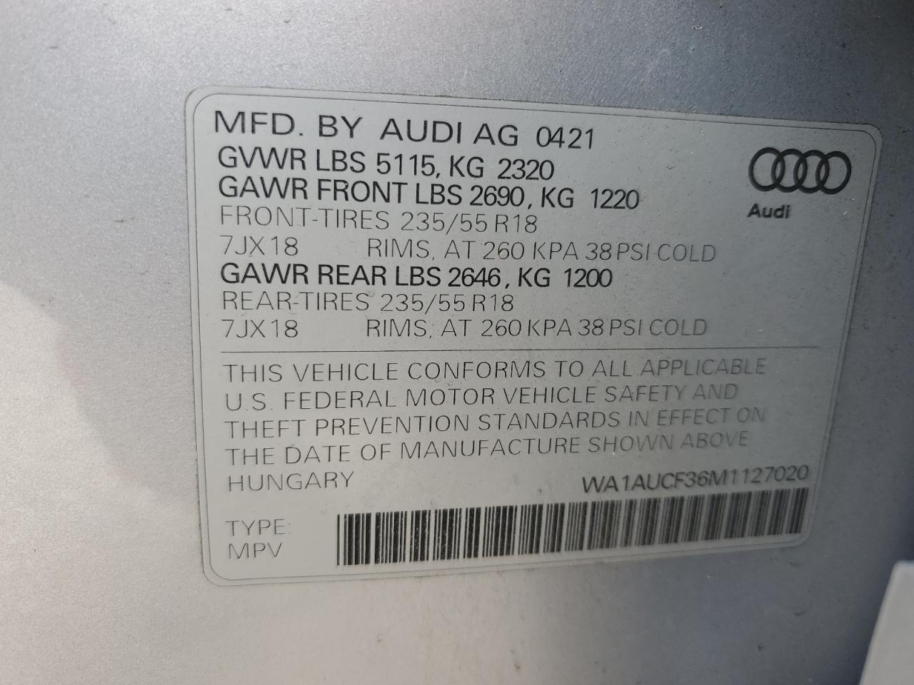 2021 Audi Q3 Premium 40 VIN: WA1AUCF36M1127020 Lot: 61835465